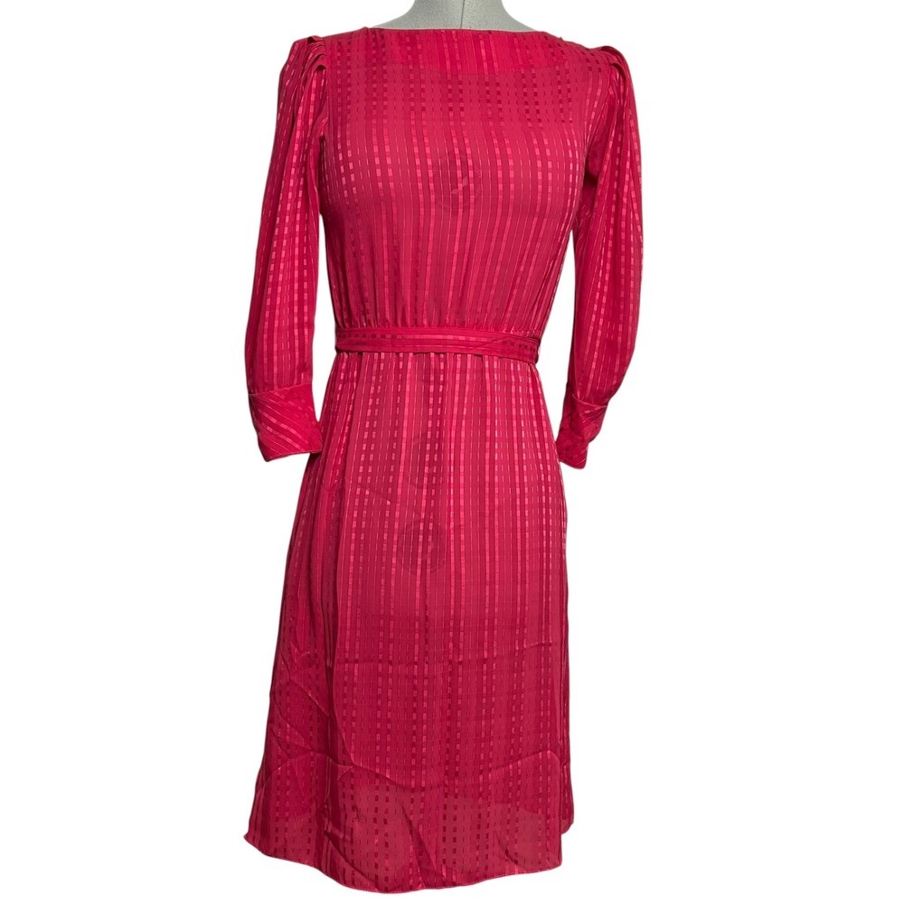 Vintage Pink Jacquard Striped Grid Midi Dress Puff Sleeve Tie Waist Size 7/8